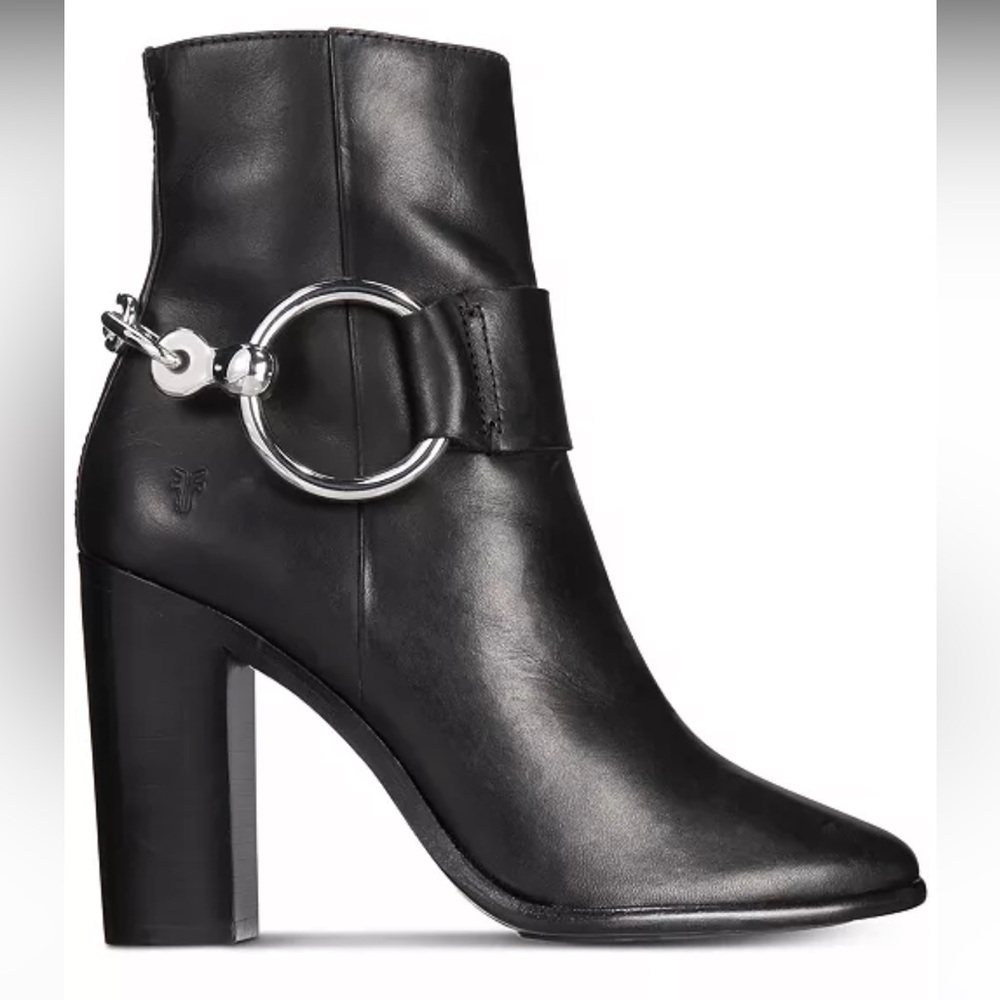 Frye Mercer Harness Block Heeled Black Leather Boots with Silver Chain